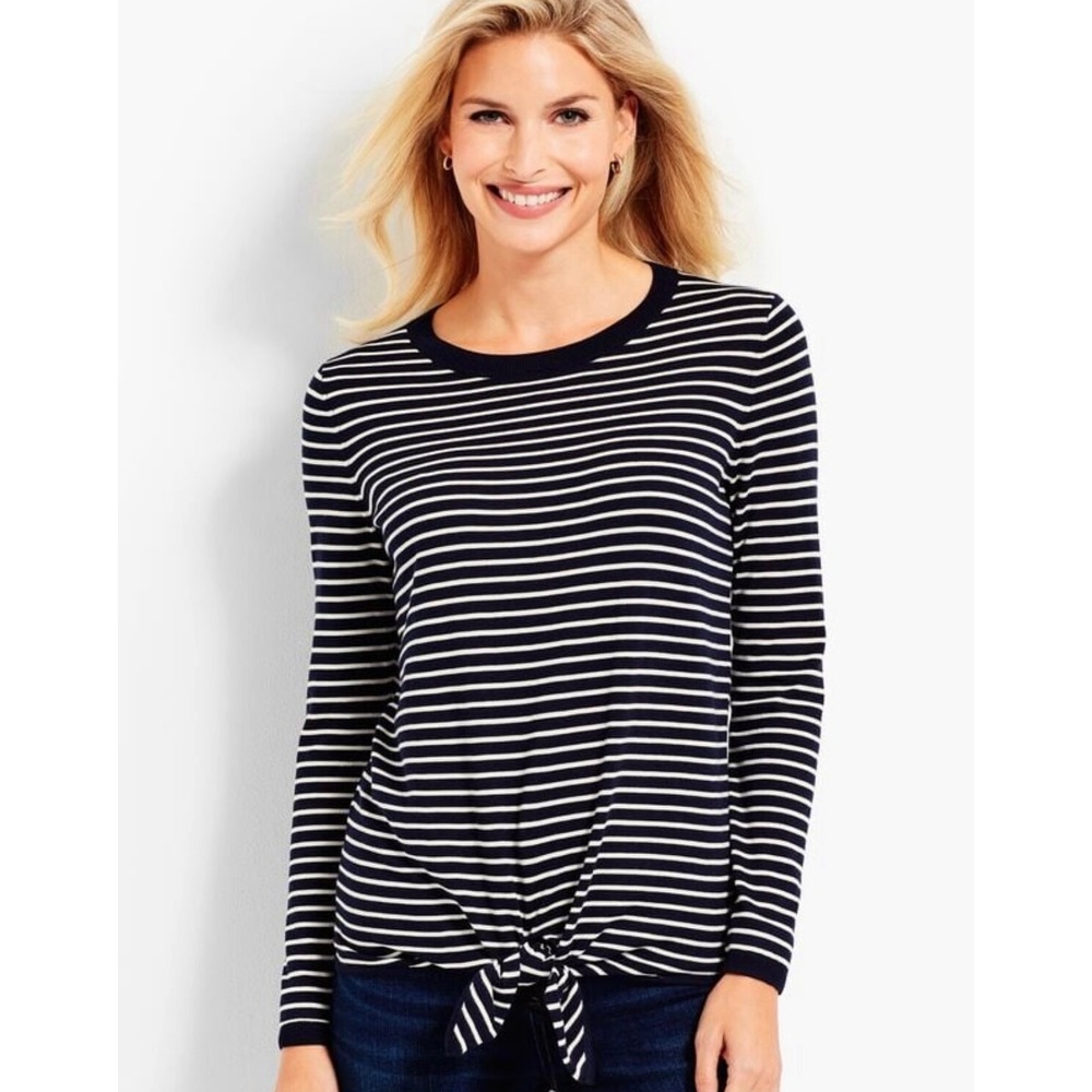 Talbots Petites Women LP Blue White Stripes Lightweight Tie Tencel Sweater NWOT